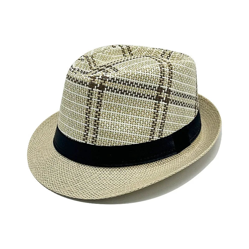 Sombrero Fedora de Paja a Cuadros en Beige Claro Gris | HA2504096
